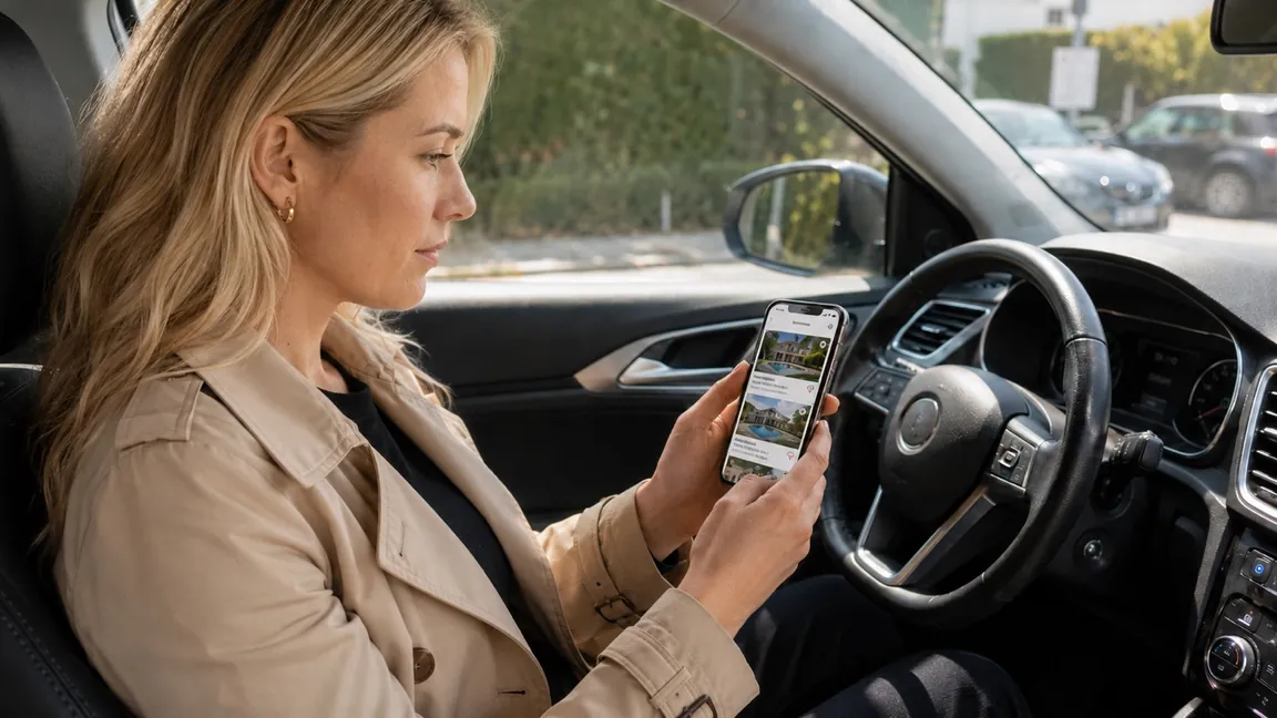 Une acheteuse compare plusieurs annonces immobilières sur son téléphone