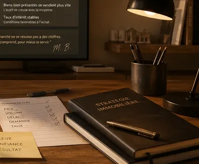 Un carnet de stratégie et une lampe dans une lumière chaude