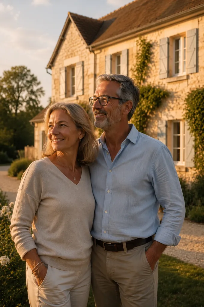 Un couple devant une maison en pierre dans la lumière du soir