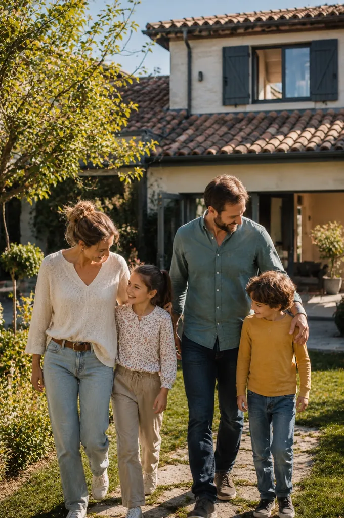 Une famille marche dans le jardin de sa maison