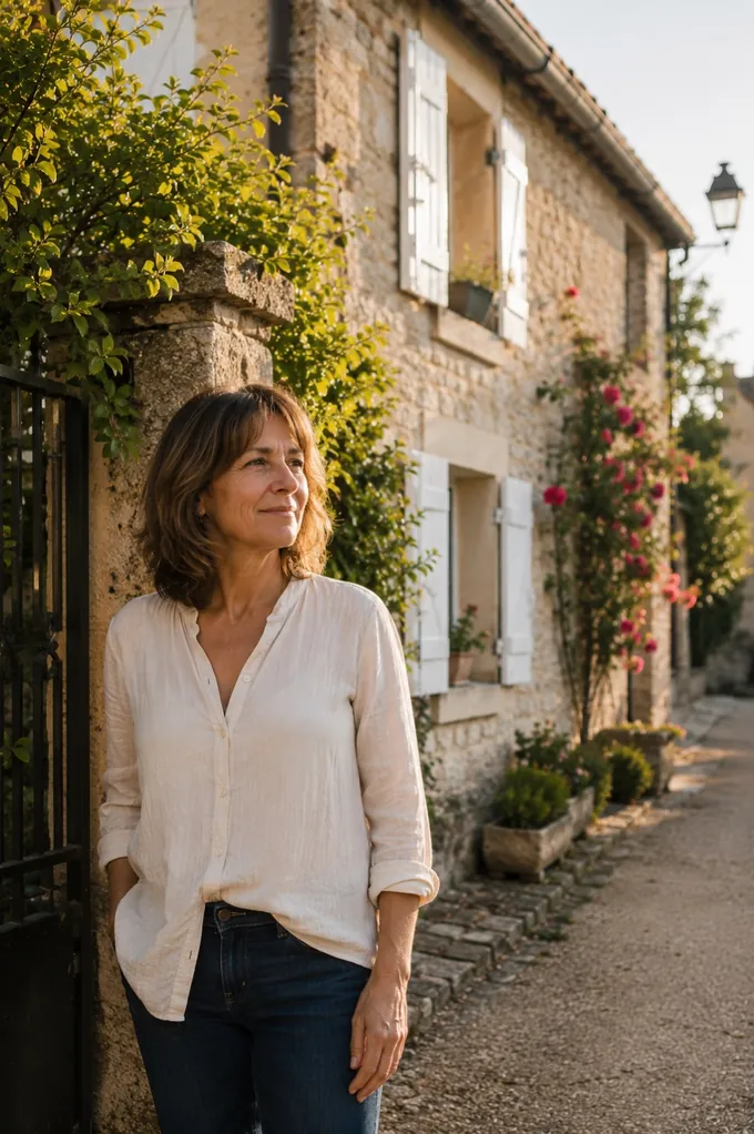 Une propriétaire devant une maison en pierre
