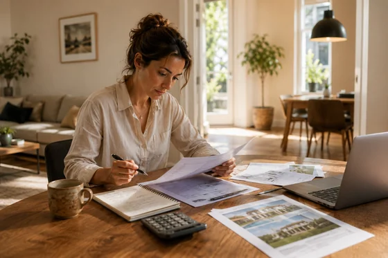 Documents et notes posés sur un bureau pour préparer un lancement immobilier