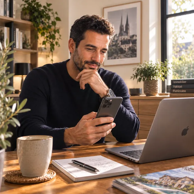 Un propriétaire consulte son téléphone à son bureau