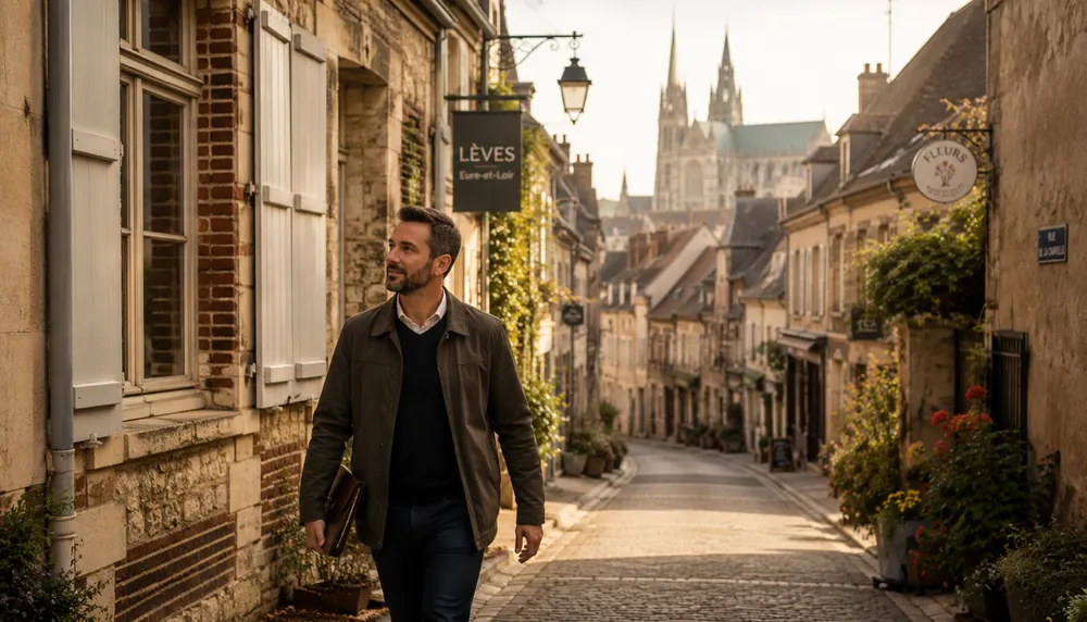 Une rue pavée de Lèves avec la cathédrale de Chartres au loin