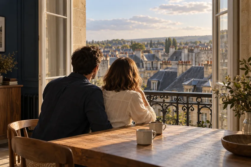 Photographie illustrative : un couple regarde les toits depuis une fenêtre